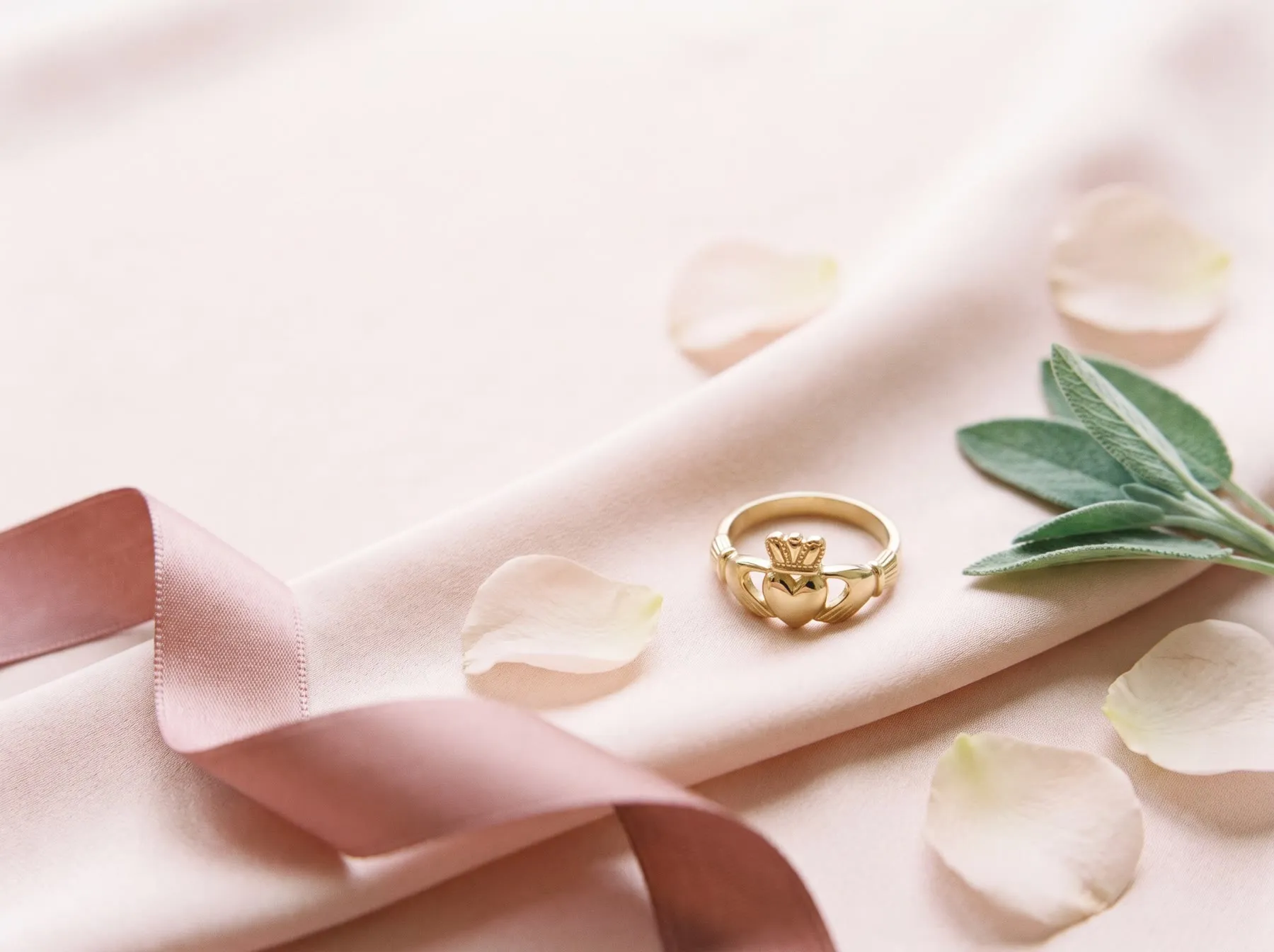 A plain gold claddagh ring on blush silk with a rose ribbon, petals, and sage leaves