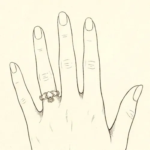 A left hand wearing a claddagh with the heart pointing toward your fingertips